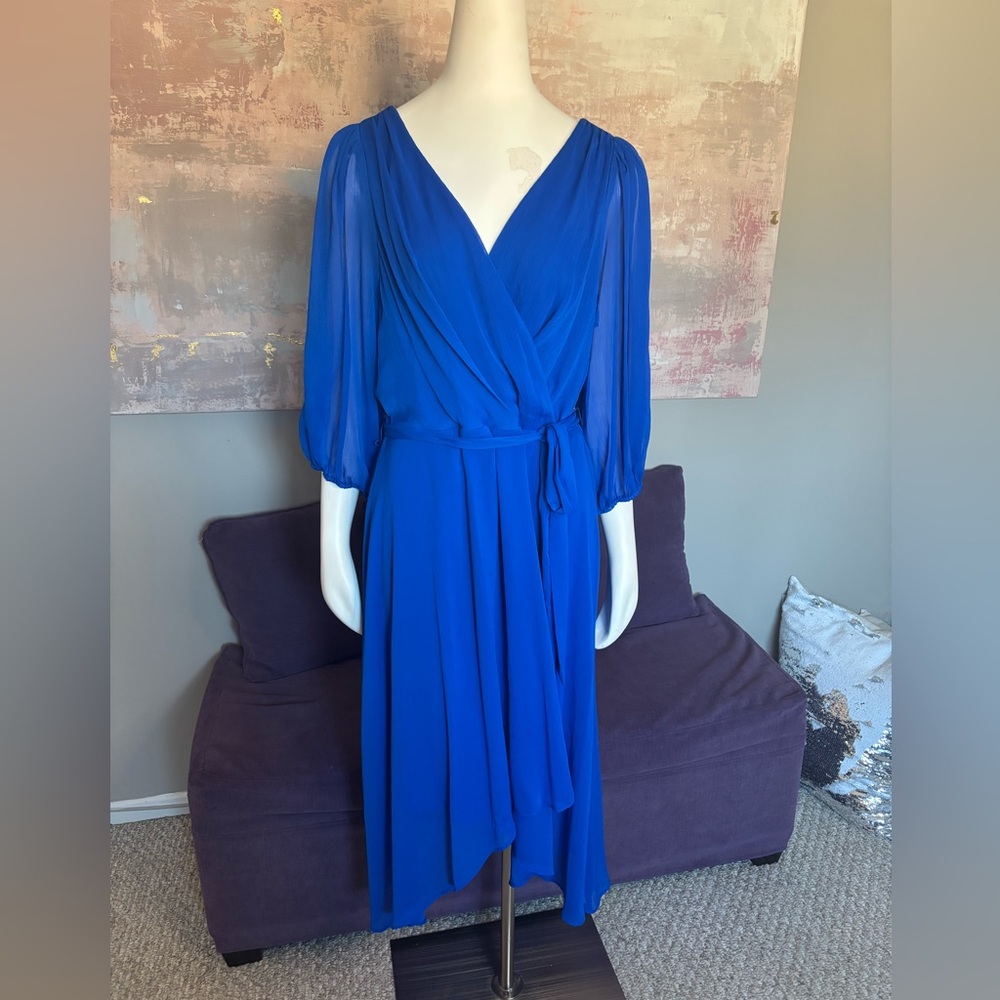 DKNY Blue Faux Wrap Dress with V-Neck and Bishop Sleeves NWT size 16 - Picture 1 of 12